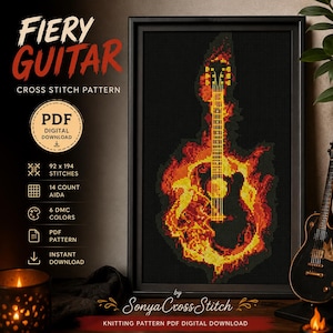 Fiery Guitar Cross Stitch Pattern PDF, Flaming Guitar Embroidery Chart, Rock Music Cross Stitch, Guitar Wall Art, Instant Download