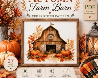 Autumn Farm Barn Cross Stitch Pattern PDF | Rustic Barn with Pumpkins | Fall Farmhouse Embroidery | Instant Download