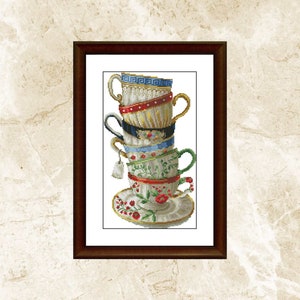 Peut inclure: Une pile de cinq tasses à thé vintage et soucoupes avec des motifs floraux et géométriques dans des tons de blanc, bleu, rouge et or.