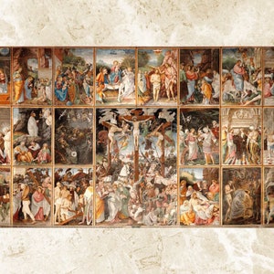 May include: A large painting depicting scenes from the Passion of Christ. The painting is divided into 20 individual panels, each depicting a different scene. The scenes are painted in a realistic style, with vibrant colours and detailed figures.