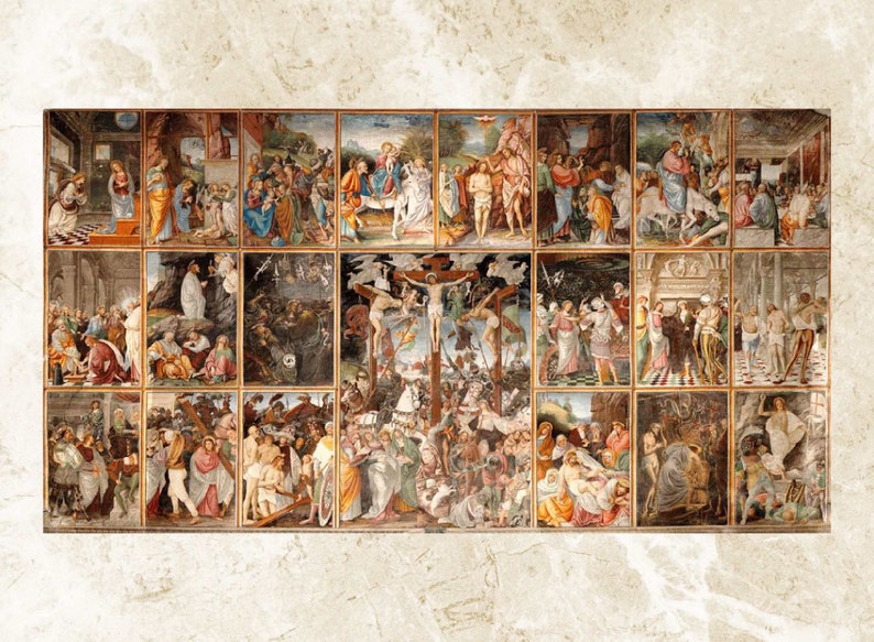 May include: A large painting depicting scenes from the Passion of Christ. The painting is divided into 20 individual panels, each depicting a different scene. The scenes are painted in a realistic style, with vibrant colours and detailed figures.