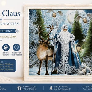 May include: A cross stitch pattern titled Santa Claus featuring a winter scene with Santa in a blue coat, a reindeer, two owls, and two small white animals. The text includes PDF pattern only, 58 DMC colours, and dimensions for 14, 16, and 25 count fabric.