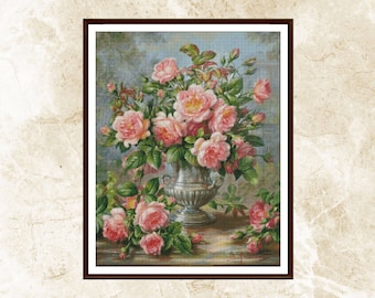 English Elegance Roses in a Silver Vase Cross Stitch Pattern - Etsy