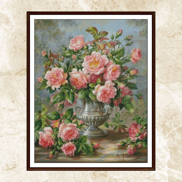 Flowers Cross Stitch Pattern,English Elegance Roses in a Silver Vase,XStitch,Pattern Keeper,Needlework,PDF,Instant Download