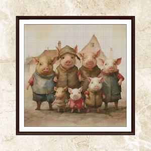 Aquarel kruissteekpatroon, vintage varkensfamilie, dieren xstitch, patroonhouder, borduren, onmiddellijke download