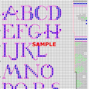 May include: A cross-stitch pattern chart on a white grid featuring the letters A through S in blue squares outlined in pink. The word SAMPLE is printed in red in the center. The right side displays a legend with green, gray, and white symbols.