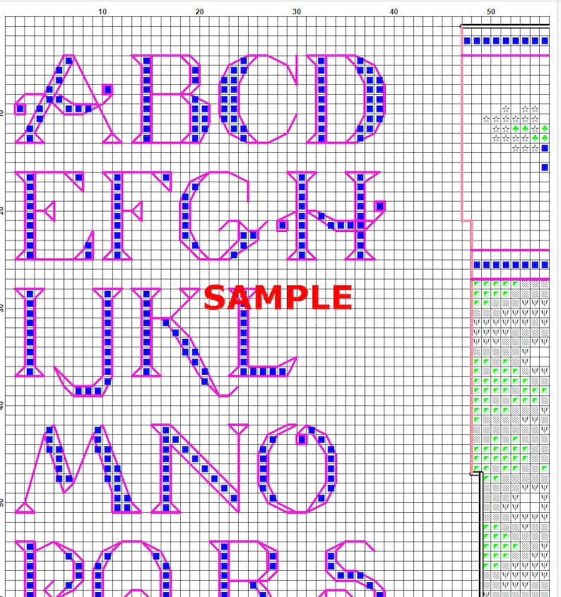 May include: A cross-stitch pattern chart on a white grid featuring the letters A through S in blue squares outlined in pink. The word SAMPLE is printed in red in the center. The right side displays a legend with green, gray, and white symbols.