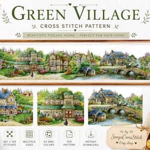 Green Village Cross Stitch Pattern PDF, Large Landscape Village Sampler, Country Cottage Embroidery Chart,Panoramic Design, Instant Download