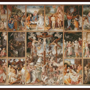 May include: A large, detailed painting depicting scenes from the life of Jesus Christ. The painting is divided into 16 individual panels, each depicting a different event. The panels are arranged in a grid pattern, with the central panel depicting the crucifixion of Jesus. The painting is painted in a realistic style, with vibrant colours and intricate details.