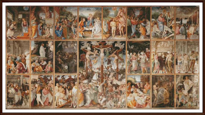 May include: A large, detailed painting depicting scenes from the life of Jesus Christ. The painting is divided into 16 individual panels, each depicting a different event. The panels are arranged in a grid pattern, with the central panel depicting the crucifixion of Jesus. The painting is painted in a realistic style, with vibrant colours and intricate details.