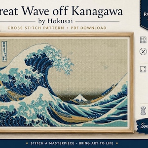 Könnte beinhalten: Ein digitales PDF-Kreuzstichmuster mit dem Titel Great Wave off Kanagawa von Hokusai. Das Bild zeigt einen gerahmten Kreuzstich der ikonischen Welle mit technischen Details wie weißem Aida 14 Stoff, 280B x 195H Stichen und Maßen von 50,80cm x 35,38cm für 14-fädigen Stoff.