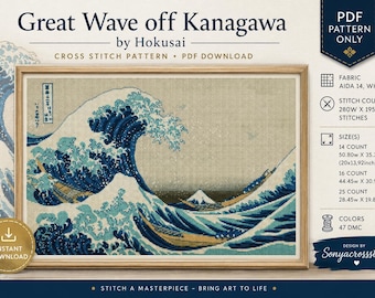 May include: A digital PDF cross stitch pattern titled Great Wave off Kanagawa by Hokusai. The image shows a framed cross stitch of the iconic wave, with text details including Aida 14 white fabric, 280W x 195H stitch count, and finished sizes like 50.80cm x 35.38cm for 14 count.