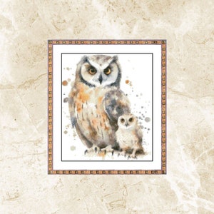 Watercolor Cross Stitch Pattern,Mom and Baby Owl,Pattern Keeper,Embroidery,PDF,Instant Download
