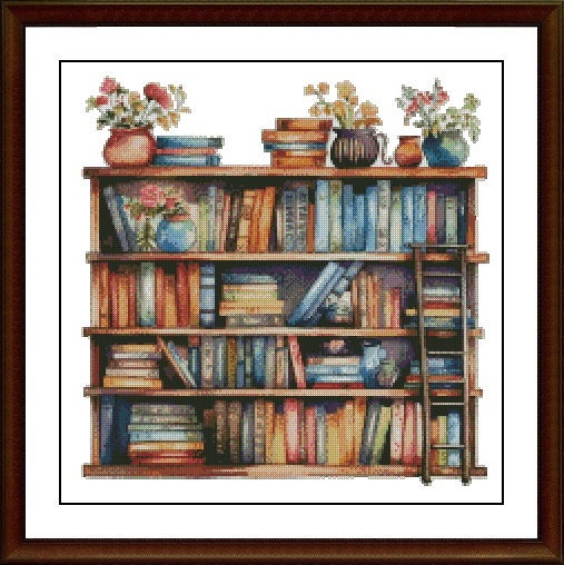 Bookcase Cross Stitch Pattern: Books and Flowers (PDF Pattern) - Etsy