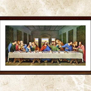 May include: A framed print of Leonardo da Vinci's "The Last Supper" depicting Jesus and his disciples at a table. The artwork features figures in colorful robes, set against a backdrop of a long room with arched windows. The frame is dark brown.