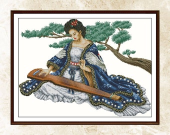 Geisha Cross Stitch Pattern: Japanese Woman with Koto (PDF Pattern)