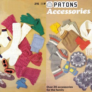 May include: A vintage accessories book cover featuring a variety of knitted items. The image showcases socks, hats, scarves, and gloves in various colors like white, pink, green, and gray. The text reads "PATONS Accessories Book".