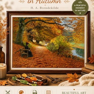 Schema per punto croce "Sentiero nel bosco in autunno" in formato PDF, H. A. Brendekilde, Schema per ricamo paesaggistico, Scena di bosco autunnale, Download immediato