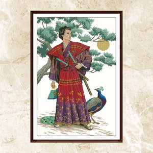 Puede incluir: Un patrón de punto de cruz que presenta a un hombre con una túnica roja y morada sosteniendo dos espadas, de pie junto a un pavo real con plumas azules y verdes.