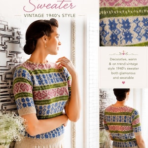 May include: A knitting pattern for a Fair Isle sweater in a 1940s style. The sweater features a multi-colored geometric pattern in blue, pink, and green on a cream background, with short sleeves, a round neckline, and button details at the shoulder.