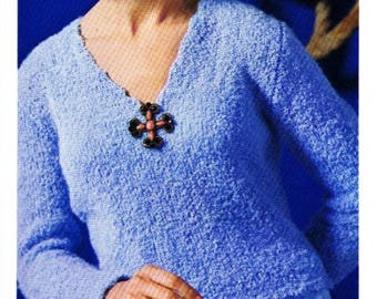 Patrón de tejido para suéter vintage de cuello en V para mujer: jersey de manga larga (descarga en PDF)