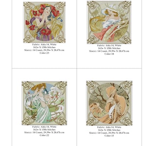 Set van 4 kruissteekpatronen, vier seizoenen van Alphonse Mucha, 4 pdf's, patroonhouder, direct downloaden