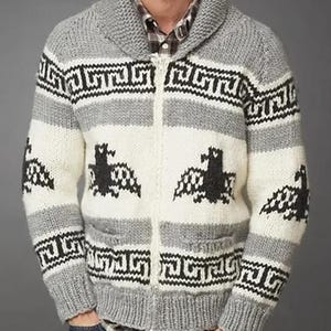 Wzór na unisexowy kardigan – gruby sweter w geometryczne wzory z orłami – styl vintage, plik PDF do natychmiastowego pobrania