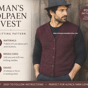 May include: A knitting pattern for a Man's Olpaen Vest, featuring a dark burgundy button-up vest. The text specifies materials including 7 skeins of Luxa alpaca yarn and 6 buttons, needle sizes of 3.50 mm and 4.00 mm, and a gauge of 21 stitches in 10 cm.