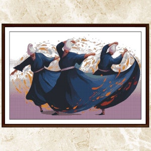 May include: A framed artwork depicts three figures in dark blue robes and white hats, engaged in a whirling dance. The figures are set against a backdrop of orange and gold brushstrokes, with a purple and white base.