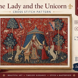 Peut inclure: Un modèle de point de croix intitulé The Lady and the Unicorn représentant une tapisserie médiévale avec un personnage central, un lion et une licorne sur fond rouge. L'image inclut des spécifications techniques pour une toile Aida 14, 500W x 410H points et 69 couleurs DMC, avec des dimensions indiquées pour des toiles de 14, 16 et 25 points.