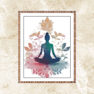 May include: A watercolor illustration of a person meditating in a lotus position surrounded by colorful flowers and leaves.