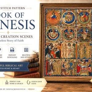 Modèle de point de croix du Livre de la Genèse (PDF), diagramme de broderie biblique sur la Création, décoration murale religieuse chrétienne, 68 couleurs DMC, téléchargement instantané