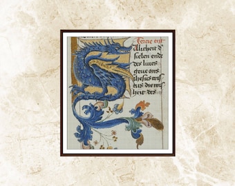 Blue Dragon Cross Stitch Pattern: Medieval Illuminated Manuscript (PDF Download, Pattern Keeper Compatible)