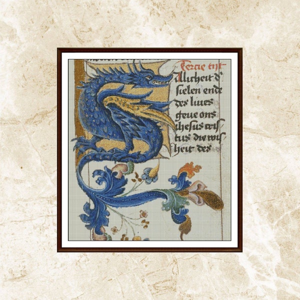 Cross Stitch Pattern,Medieval Illuminated Manuscripts Blue Dragon-detail,Pattern Keeper,xstitch ,Embroidery,Pdf,Instant Download