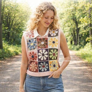 May include: A woman wearing a pink crochet vest with colorful floral patchwork squares. The vest is a Boho style and the image includes the text "Crochet Floral Patchwork Vest Pattern" and "PDF Pattern".