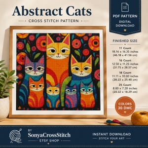 Abstract Cats Cross Stitch Pattern PDF, Modern Cat Cross Stitch, Colorful Cat Sampler, Pattern Keeper Compatible, Instant Download