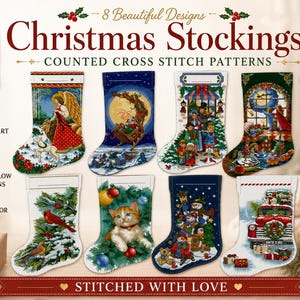 May include: A collection of eight Christmas stocking counted cross stitch patterns featuring various holiday scenes including an angel, a sleigh, a winter village, a cat, snowmen, and a red truck, presented as a digital PDF download for crafting.