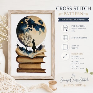 May include: A framed cross stitch pattern featuring a silhouette of a person standing on a stack of books with an open book displaying a moonlit landscape with a tree. Text includes CROSS STITCH PATTERN, PDF DIGITAL DOWNLOAD, 37 DMC COLORS, AIDA 14 WHITE, and design sizes in cm.