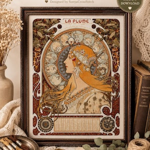 La Plume Zodiac Alphonse Mucha Cross Stitch Pattern PDF, Art Nouveau Woman, Vintage Portrait Embroidery Chart, Instant Download