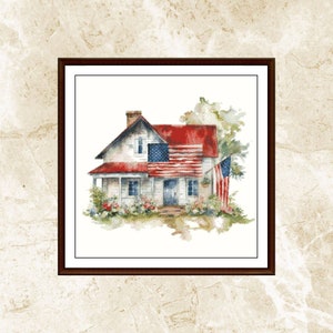 Watercolor House Cross Stitch Pattern,USA Patriotic Farmhouse,Patriotic day,American Flag,xstitch,Patern Keeper,Pdf,Instant Download