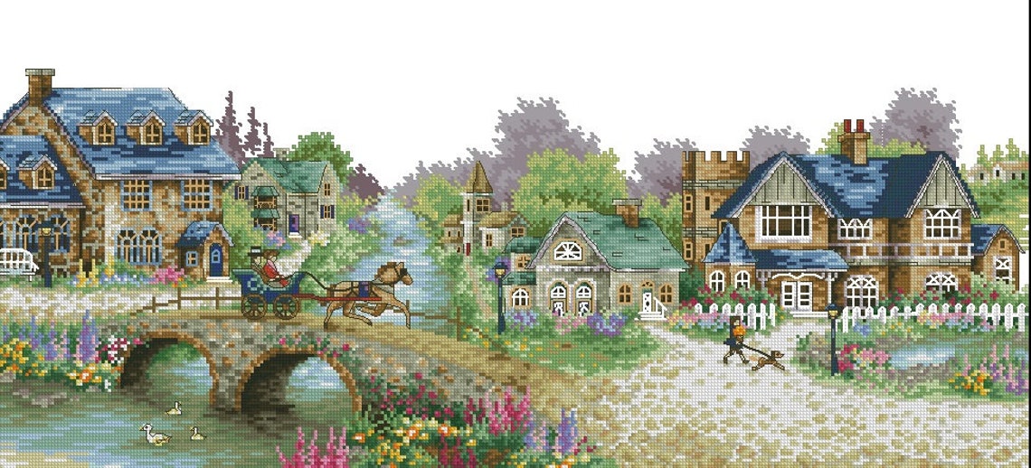 Village Cross Stitch Pattern Green Villagevictorian Etsy