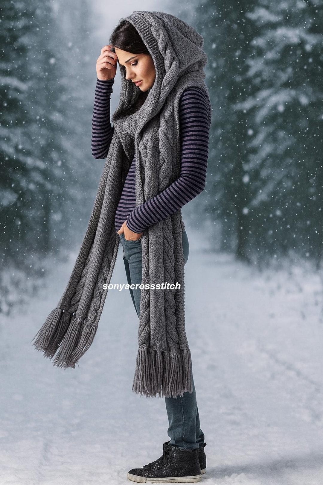 Cable Knit Hooded Scarf Pattern, Tassel Wrap (PDF Pattern) - Etsy