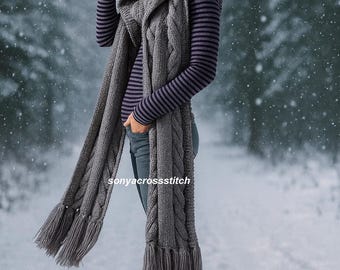 Cable Knit Hooded Scarf Pattern, Tassel Wrap (PDF Pattern)