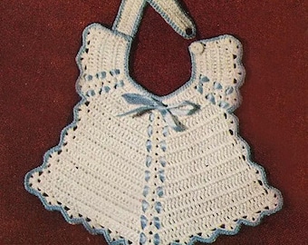 Vintage Crochet Baby Bib Pattern PDF – Scalloped Two-Tone – Ribbon & Button Closure – Instant Download