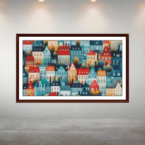 May include: A colourful illustration of a cityscape with many buildings in various shades of blue, green, red, and yellow. The buildings are arranged in a dense cluster, creating a sense of urban life.
