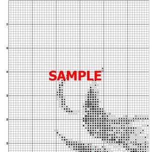 May include: Black and white cross stitch pattern with the word "SAMPLE" in large letters. The pattern is on a grid with numbers along the top and side.