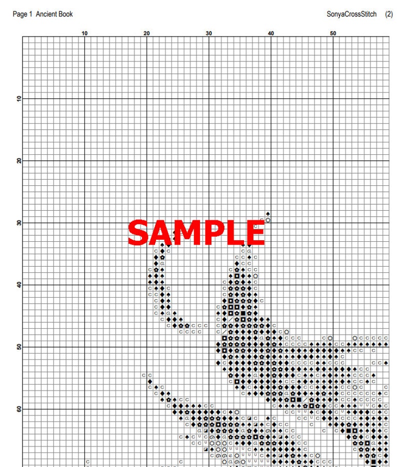 May include: Black and white cross stitch pattern with the word "SAMPLE" in large letters. The pattern is on a grid with numbers along the top and side.