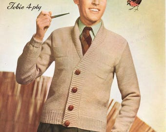 Mens 1950s Mohair Cardigan Sweater Vintage Knitting Pattern, Mock