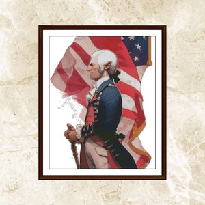 May include: A framed illustration of a man in a blue and red uniform standing in front of an American flag. The man is holding a staff in his right hand and has a serious expression on his face.