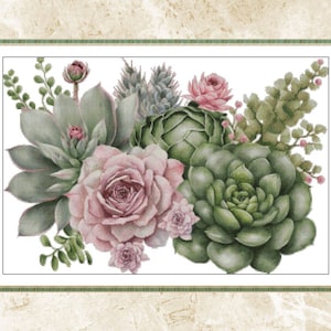 Watercolor Succulent Cross Stitch Pattern,Succulent and Pink Roses,Plant,Pattern Keeper,Embroidery,xstitch,Pdf,Instant Download